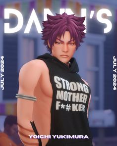 an anime character with purple hair wearing a black hoodie and holding his arm out in front of him