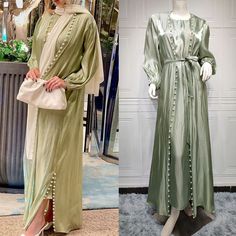 Chic Shiny Satin Women Muslim Open Cardigan Maxi Dress Dubai Abaya Kaftan Jilbab Robe for the Mode Elegant Tunic Maxi Dress For Eid, Modest Long Dresses For Eid, Elegant Green Floor-length Thobe, Green Elegant Floor-length Thobe, Elegant Green Long Sleeve Kaftan, Elegant Long Sleeve Green Kaftan, Elegant Long Sleeve Green Thobe, Green Tunic Abaya For Eid, Green Maxi Length Abaya For Eid