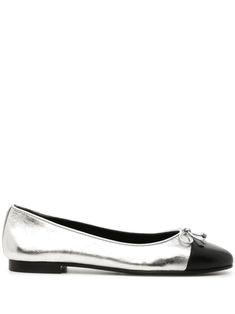 silver-tone/black leather metallic effect round toe lace detailing slip-on style branded leather insole low stacked heel Shoes Silver, Ballerina Shoes, Ballet Pumps, Silver Shoes, Tory Burch Flats, Leather Bows, Footwear Design Women, Scarf Jewelry, Ballerina Flats