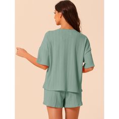 Elevate your relaxation with the Cheibear Women's Lounge Outfits, crafted for supreme comfort and effortless style. This pajama set features a casual round neck top with short sleeves and matching shorts, both designed in a chic ribbed texture and a soothing green hue.

- Material: 95% Polyester, 5% Spandex
- Color: Green
- Gender: Female
- Size: Large
- Features: Breathable, moisture-wicking, skin-friendly fabric

Ideal for lounging around the house or enjoying a peaceful night's sleep, this se Solid Color Comfortable Sleepwear With Relaxed Fit, Comfortable Solid Color Relaxed Fit Sleepwear, Solid Color Relaxed Fit Sleepwear For Lounging, Solid Color Relaxed Fit Sleepwear For Relaxation, Relaxed Fit Solid Color Sleepwear, Solid Color Relaxed Fit Sleepwear, Soft Textured Sleepwear For Relaxation, Comfortable Solid Color Summer Sleepwear, Comfortable Summer Sleepwear In Solid Color