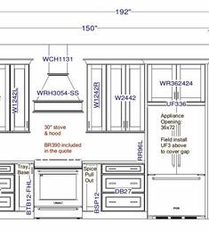 an image of a kitchen with measurements for the cabinet doors and drawers, including two ovens