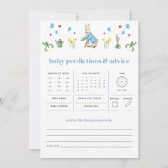 a baby's prescription and advice card with an image of a rabbit on it