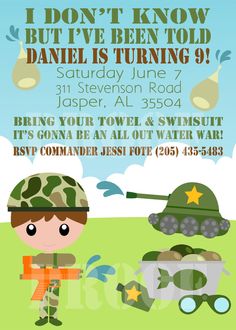 an army themed birthday party with a boy in camouflage gear and a tank on the ground