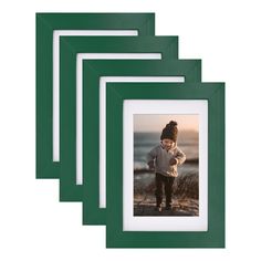 four green frames with an image of a young boy in winter clothes and a hat