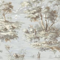 an image of a wallpaper with birds and trees in the water on it's side