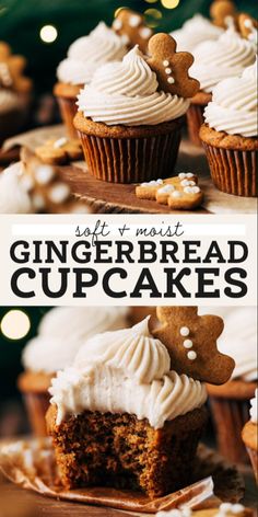 gingerbread cupcakes with white frosting on top and topped with icing