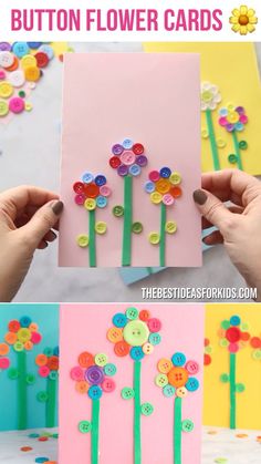 the instructions to make button flower cards for kids and adults with paper flowers on them