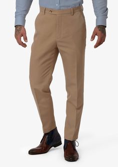 Camel Cotton Chino Pants - SARTORO Fitted Beige Tapered Chinos, Fitted Beige Tapered Leg Chinos, Classic Slim Fit Brown Pants, Fitted Beige Chinos For Business Casual, Beige Slim Fit Bottoms For Work, Brown Classic Business Casual Work Pants, Fitted Beige Chinos, Classic Fitted Beige Chinos, Classic Brown Work Pants For Business Casual