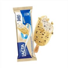 an ice cream bar with chocolate chip cookies on it next to a bag of ice cream