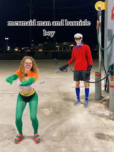 a man and a woman in costume standing next to each other with the caption mermaid man and barrel boy