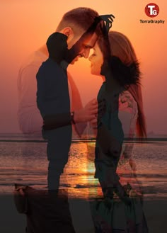 a man and woman standing next to each other on a beach at sunset with the sun setting behind them