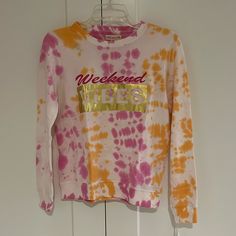 New With Tags Attached Non-Smoking Home Size Xl 14/16 Gold Weekend Vibes On Front Tie Dye Cotton/Polyester Blend Cute, Fun, Fashion Pink Washed Long Sleeve Top, Pink Washed Top For Spring, Spring Pink Washed Tops, Spring Pink Washed Top, California Sweatshirt, California Shirt, Girls Tie, Sherpa Pullover, Tie Dye Cotton