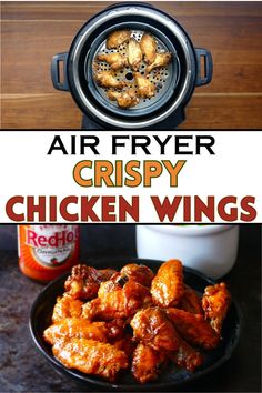 Plate of air fryer chicken wings with text "air fryer crispy chicken wings". Instant Pot Air Fryer Chicken, Crunchy Wings, Easy Homemade Buffalo Sauce, Making Chicken, Homemade Buffalo Sauce, Crispy Wings