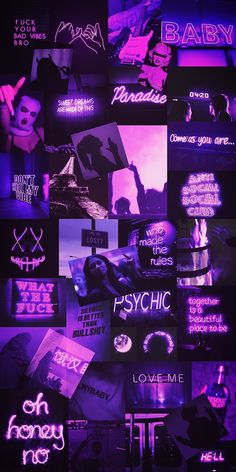 the collage shows different types of neon lights and text in purple, black and white