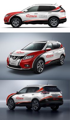 the side and back view of a red, white and black nissan suv in three different views