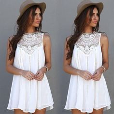 This adorable baby dress features lace crocheted sleeveless top and intricate lace detail.   This flowing dress falls mid thigh and pairs perfectly with wedges or sandals for sweet but sassy look. Made with a cotton and lace blend this dress is stylish and comfy. White Lace Party Dress, Beach Dresses Short, Top In Pizzo, Short Beach Dresses, Boho Mode, White Lace Mini Dress, Sukienki Plus Size, Lace Summer Dresses, Boho Mini Dress