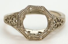 ART DECO FILIGREE ENGAGEMENT RING SETTING  {International Buyers Are Responsible For Customs & Duty Fees} Circa ~ 1920'S Setting Will Hold ~ 8 MM (2.00 Carat) + Or - (Please let me know the measurements of your stone and I will confirm with my jeweler if it will fit properly) Metal ~ Stamped 14K (Tested 13K) Weight ~ 2.2 Grams Finger Size ~ 6 (Sizable) U.S.A. & Canada (Inquire About Sizing Cost) (L1/2) United Kingdom, Ireland, Australia, New Zealand (11) India, China, Japan, South America (11.75) Italy, Spain, Netherlands, Switzerland Inside Diameter ~ 0.65 Inches - 16.51 MM Inside Circumference ~ 2.04 Inches - 51.9 MM Rise Above Finger ~ 5.22 MM - 0.2055 Inches North To South - (Knuckle To Fingernail) ~ 10.46 MM - 0.412 Inches We Are Very Pleased To Offer This Beautiful Authentic Art Deco 1920s Rings, 1920s Ring, Art Deco Filigree, Filigree Engagement Ring, Engagement Ring Setting, Ring Setting, Engagement Ring Settings, Ring Box, Metal Stamping