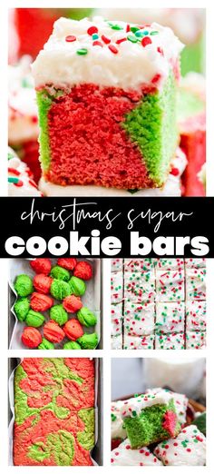 christmas sugar cookie bars with green and red frosting