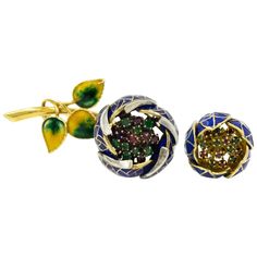 This fantastic set was made between 1950s - 1960s. The plique-à-jour enamel, emerald and ruby en tremblant flower brooch is made like a piece of art. It can be worn either with open or shut petals which are cobalt blue enamel. Inside the flower, the rubies and emeralds tremble when you move. The leaves are green and yellow enamel. Brooch measures 2.75 long" by 1" at the leaves and 1" depth. the flower closed is 1" diameter and open 1.17" diameter. It is 14k gold. The matching ring is cobalt cloi Diamond Flower Brooch, Two Tone Engagement Rings, Art Nouveau Ring, Contemporary Engagement Rings, Gold Brooch, Matching Ring, Special Ring, Ruby Emerald, Gold Halo