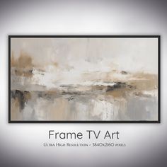 an abstract painting with white and brown colors on the wall, framed in black frame