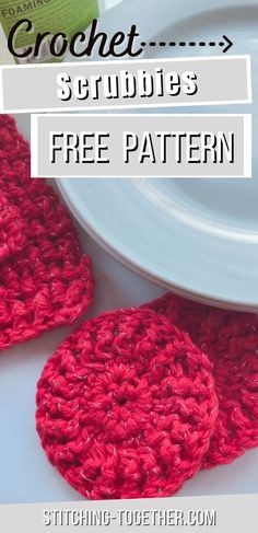 graphic reading "Crochet scrubbies free pattern" with image of red crochet scrubbie and matching dishcloth in the background Scrubbies Crochet Pattern Free, Crochet Scrubbies Free Pattern, Crochet Dishcloth Pattern, Ribbed Crochet, Dishcloth Crochet Pattern