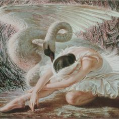 a painting of a woman kneeling next to a swan