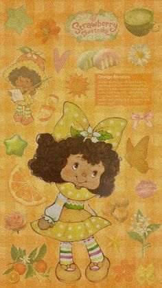 an illustration of a girl in yellow dress with oranges and butterflies on the background