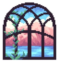 an image of a stained glass window with a view of the ocean and mountains in it