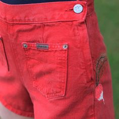 "Vintage CK 1980s orange/red shorts with embroidered radish done by my bestie.  Made in U.S.A 100% cotton    Waist: 22\" Hips: 34\" Rise: 10.25\" Inseam: 3\" Comes from a smoke -free, pet-friendly home All orders include free Kitsune Vintage sticker Please ask questions about sizing and such before purchasing. I am here to help!" Embroidered Radish, 90s Calvin Klein, Calvin Klein Red, My Bestie, I Am Here, Red Shorts, Orange Red, Short Outfits, Pet Friendly