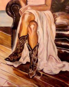 a painting of a woman sitting on a couch wearing cowboy boots and a white dress