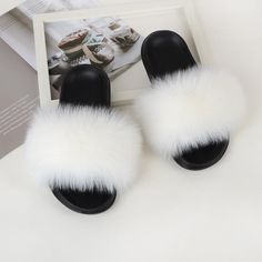 Navy Blue Faux Fur Women Slipper - FashionByTeresa Ladies Shoes Flats, Open Toe Slippers, Grey Leopard Print, Faux Fur Slippers, Wool Slippers, Fur Slippers, Autumn Style, Slipper Sandals, Ladies Shoes