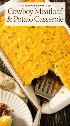 a close up of a casserole on a plate with a fork