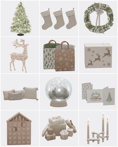 christmas decorations and gifts are arranged on a white background, including stockings, presents, candles, ornaments, and other items