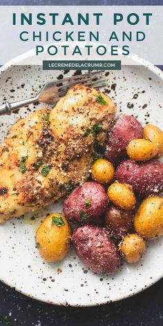 chicken and potatoes on a plate with text overlay that reads instant pot chicken and potatoes