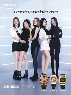 the girls are posing together in front of a poster for casio's unstopable me