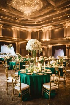 the tables are set up with green linens and gold chairs for an elegant reception