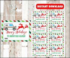 printable holiday gift tags with santa's truck and reindeer