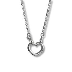 Reach for the timelessness of this sterling silver rolo chain necklace with a unique open heart front closing clasp. This necklace is made of sterling silver and is a perfect balance of modern charm and classic style Details: Chain: Solid Sterling Silver rolo chain, 2.4mm  Clasp: Solid sterling silver self-closing heart push clasp, sterling silver, 15mm heart. Length options: 15" to 28" Shipping:   Complimentary shipping in the USA Ready to ship within one business day Complimentary gift wrap All items from my shop:  https://www.etsy.com/shop/LagunaLifeDesigns Silver Heart Pendant Chain Necklace With Adjustable Chain, Silver Open Heart Chain Necklace With Charm, Minimalist Silver Chain Necklace With Heart Pendant, Minimalist Silver Heart Pendant Chain Necklace, Sterling Silver Heart Pendant Charm Necklace With Cable Chain, Silver Heart Charm Chain Necklace With Heart Pendant, Silver Chain Necklace With Lobster Clasp For Valentine's Day, Silver Heart-shaped Cable Chain Necklace, Silver Heart Chain Necklace With Heart Charm