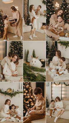 a collage of photos with people and animals in front of a christmas tree at home