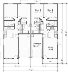 two story house plans with garage and living room on the first floor, from top to bottom