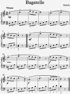 sheet music with the words bagatelle