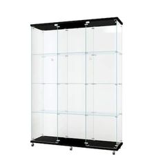 a black and white display case with glass shelves