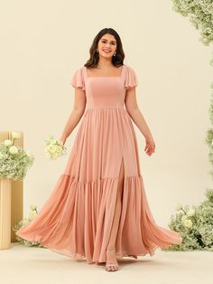 Lavetir sells a large selection of 2025 plus size bridesmaid dresses and wedding party dresses online. Our style creates a graceful and balanced silhouette that's perfect for plus sizes. Ideal for plus-size figures who want to accentuate their curves. Here is the dress detail: Fabric: Chiffon; Silhouette: A-Line/Princess; Neckline: Square Neck; Hemline/Train: Floor-Length; Embellishment: Ruffles;Split Side; Sleeve: Short Sleeves; Waist: Natural; Back Style: Zipper; Built-In Bra: Yes; Season: Spr Bridesmaid Dresses Peach, Plus Size Bridesmaid Dresses, Country Lighting, Plus Size Bridesmaid, Party Dresses Online, Light Dress, Bridesmaid Dresses Plus Size, Peach Pink, Wedding Party Dresses