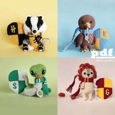 crocheted stuffed animals are shown in four different colors and sizes, including the letter g