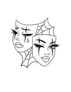 two women's faces with red makeup and spider webs on their foreheads