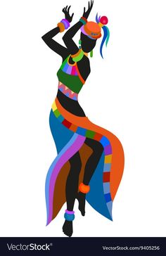 a woman dancing with colorful clothes and headdress