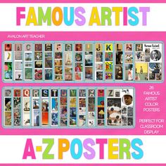 the poster for famous artists is shown in pink and blue, with colorful images on it