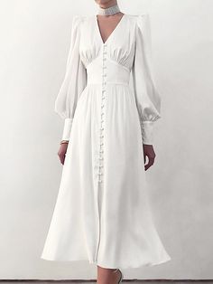 A-Line High Waisted Buttoned Pleated Solid Color V-Neck Midi Dresses WHITE-L Midi Dress Chic, Maxi Dress Wedding Guest, Maxi Dress Outfit, Womens Long Dresses, Satin Dress Long, Evening Dress Fashion, Women Long Sleeve Dress, Elegant Dresses For Women, Vestidos Vintage