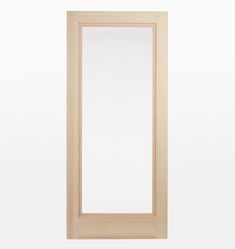 a wooden door with white glass on the top and bottom panel, in front of a white background