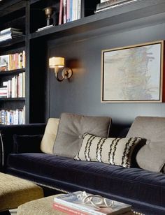 a living room filled with furniture and bookshelves next to a wall full of books